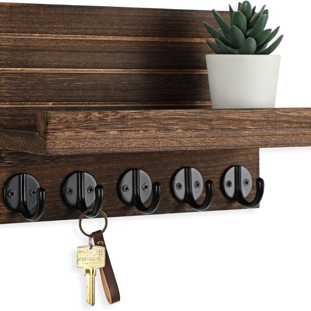 Key Holder for Wall, Decorative Key and Mail Holder with Shelf Has Large Key Hoo